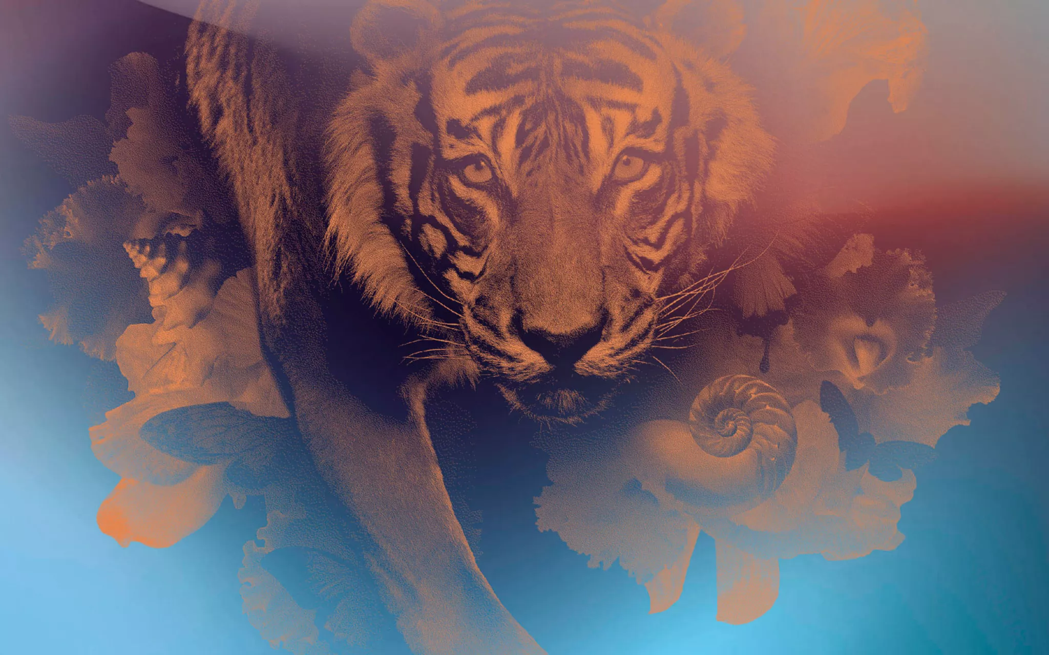 Pass annuel MNHN © MNHN Illustration pour le pass annuel du MNHN, montrant un tigre orange sur fond bleu