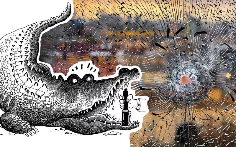 Dessin d'un crocodile la gueule ouverte avec un stylo plume entre les dents, une photo flouée et un impact de balle en arrière plan